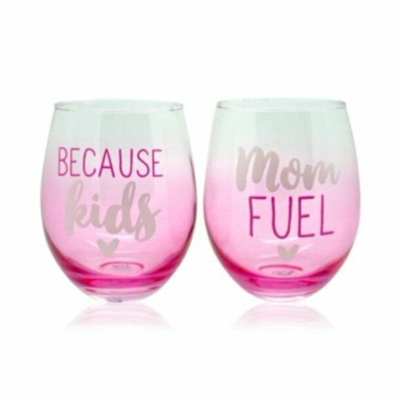 Stemless Wine Glasses Mom Fuel Because Kids Set Of 2 New in Box 22oz Pink - Picture 1 of 12